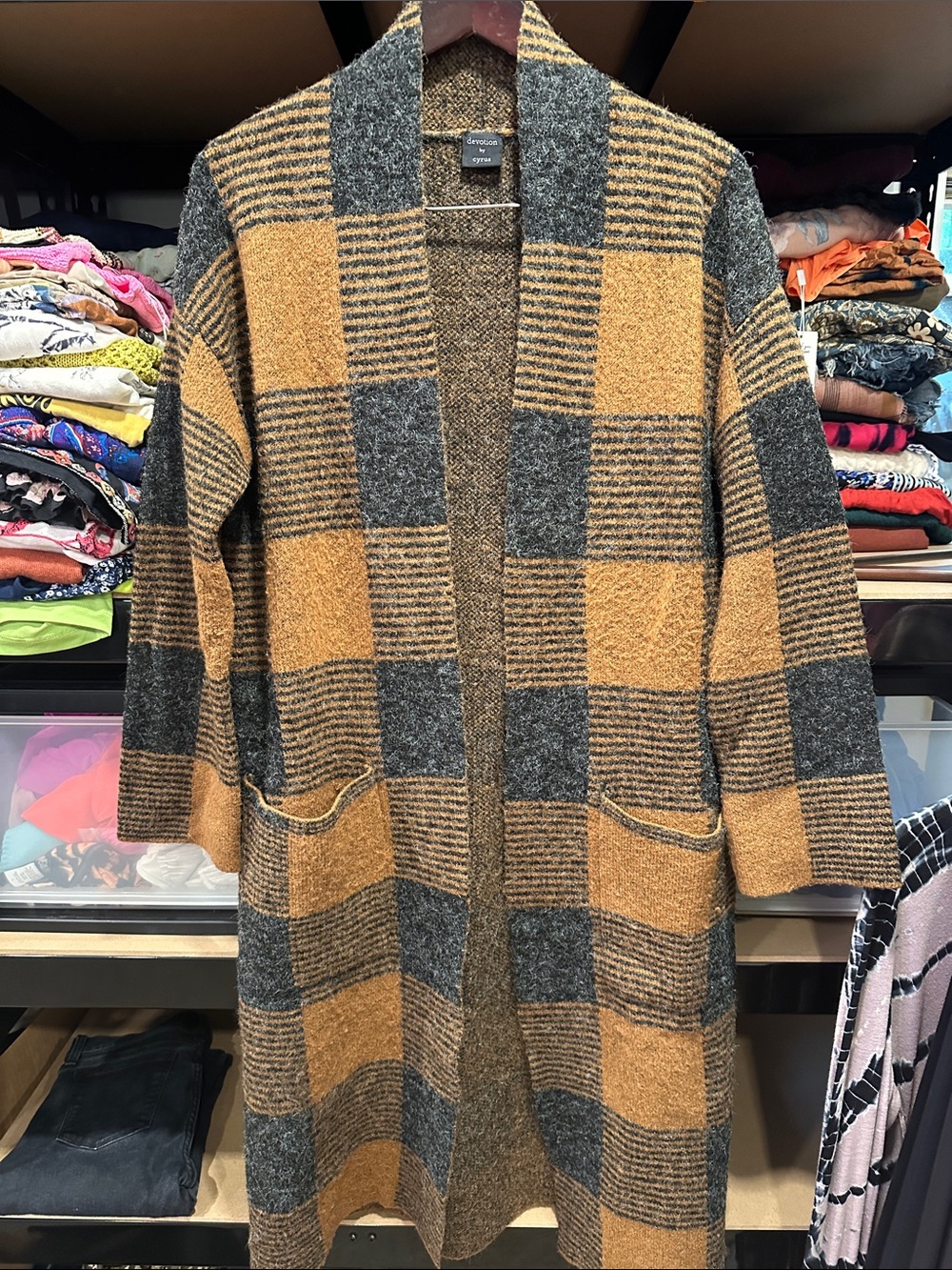 Cyrus Plaid Open-Front Long Cardigan jacket oversized small travel coat